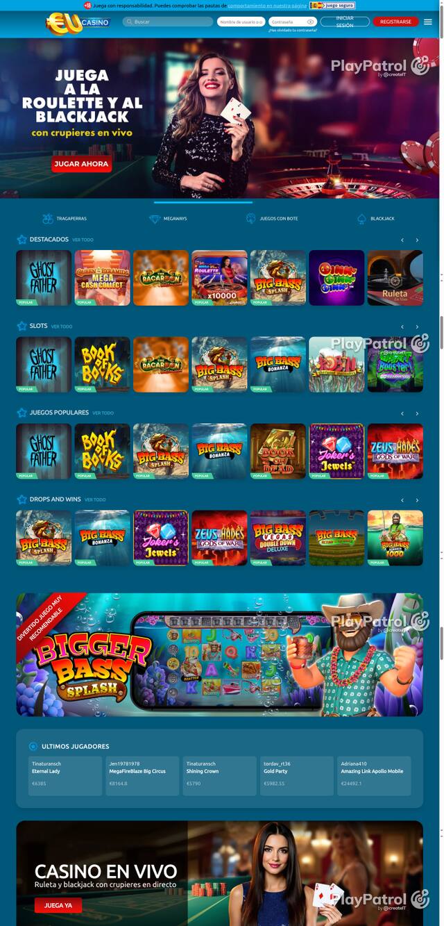 Capture of the front page of EU Casino (eucasino.es) on 27 October 2026