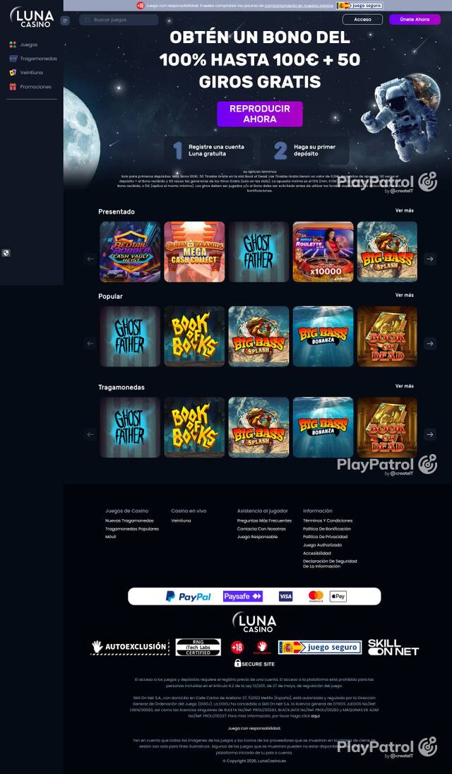 Capture of the front page of Luna Casino (lunacasino.es) on 3 October 2026