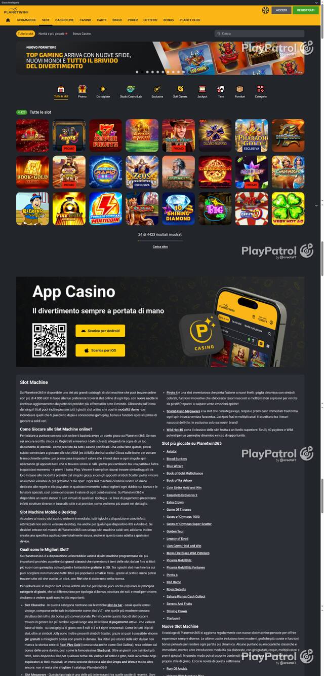 Capture of the front page of Planetwin365 (planetwin365.it) on 23 October 2026