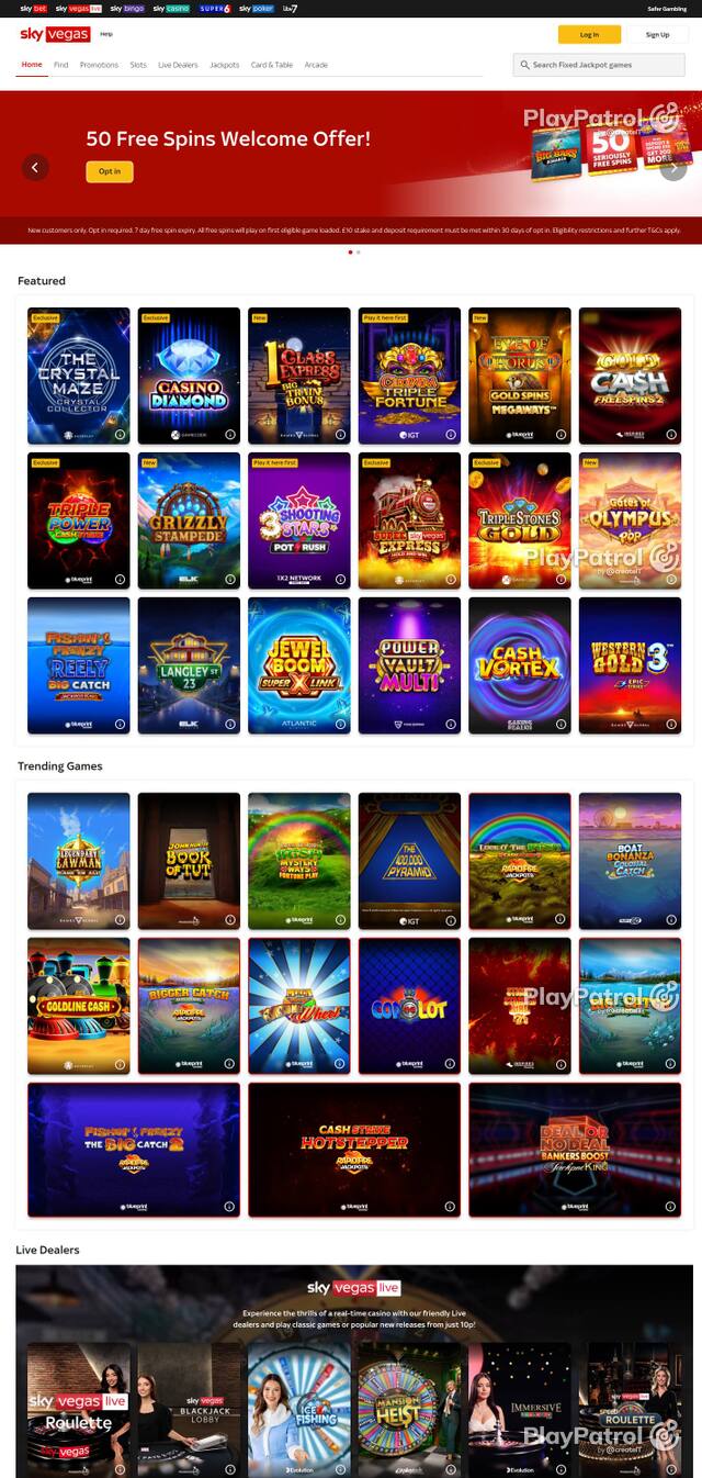 Homepage capture of Sky Vegas recorded during the scan