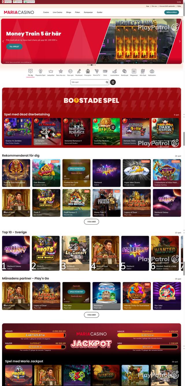 Capture of the front page of mariacasino.se (mariacasino.se) on 24 October 2026