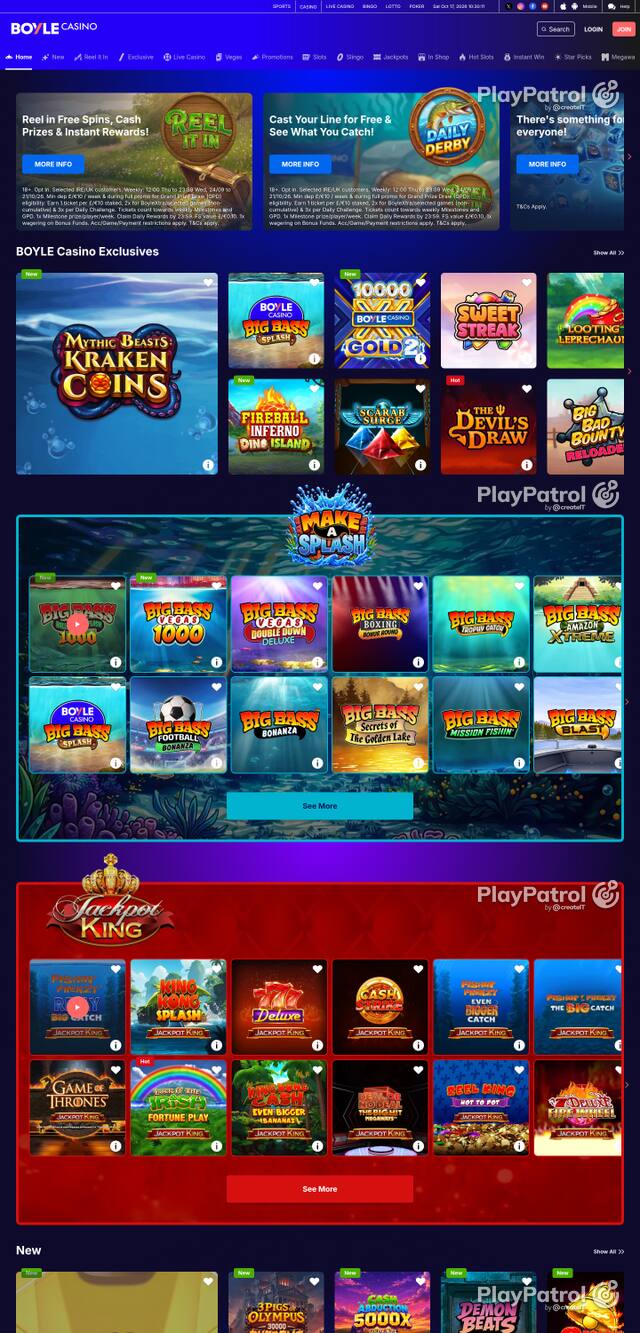 Capture of the front page of BoyleSports Casino (games.boylesports.com) on 17 October 2026