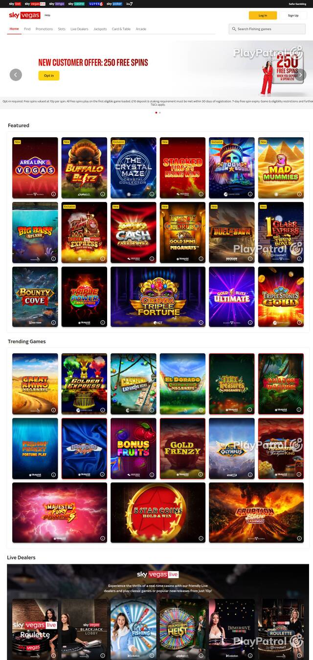Homepage capture of Sky Vegas recorded during the scan