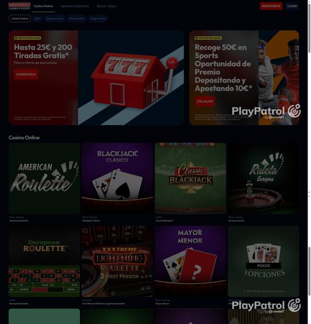 Capture of the front page of Monopoly Casino (monopolycasino.es) on 5 October 2026