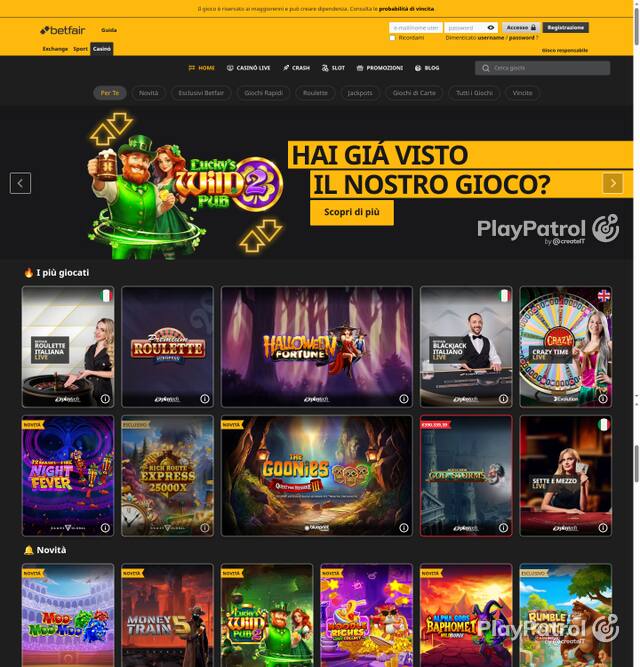 Capture of the front page of Betfair (casino.betfair.it) on 5 October 2026