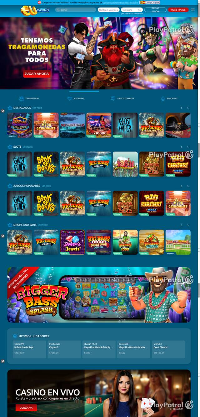 Capture of the front page of EU Casino (eucasino.es) on 7 October 2026