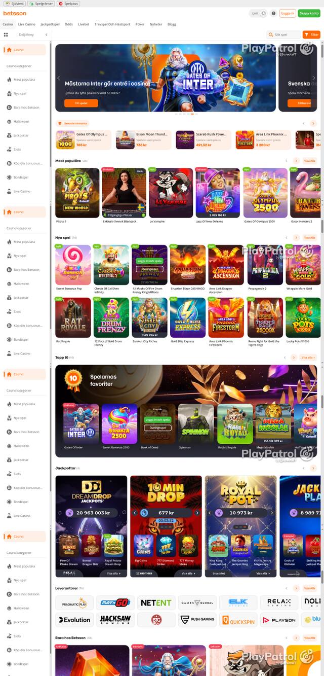 Front page of betsson.com as captured on 27 October 2026