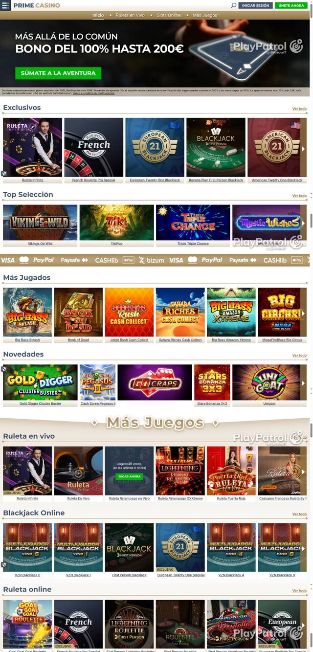 Capture of the front page of Prime Casino (primecasino.es) on 14 October 2026