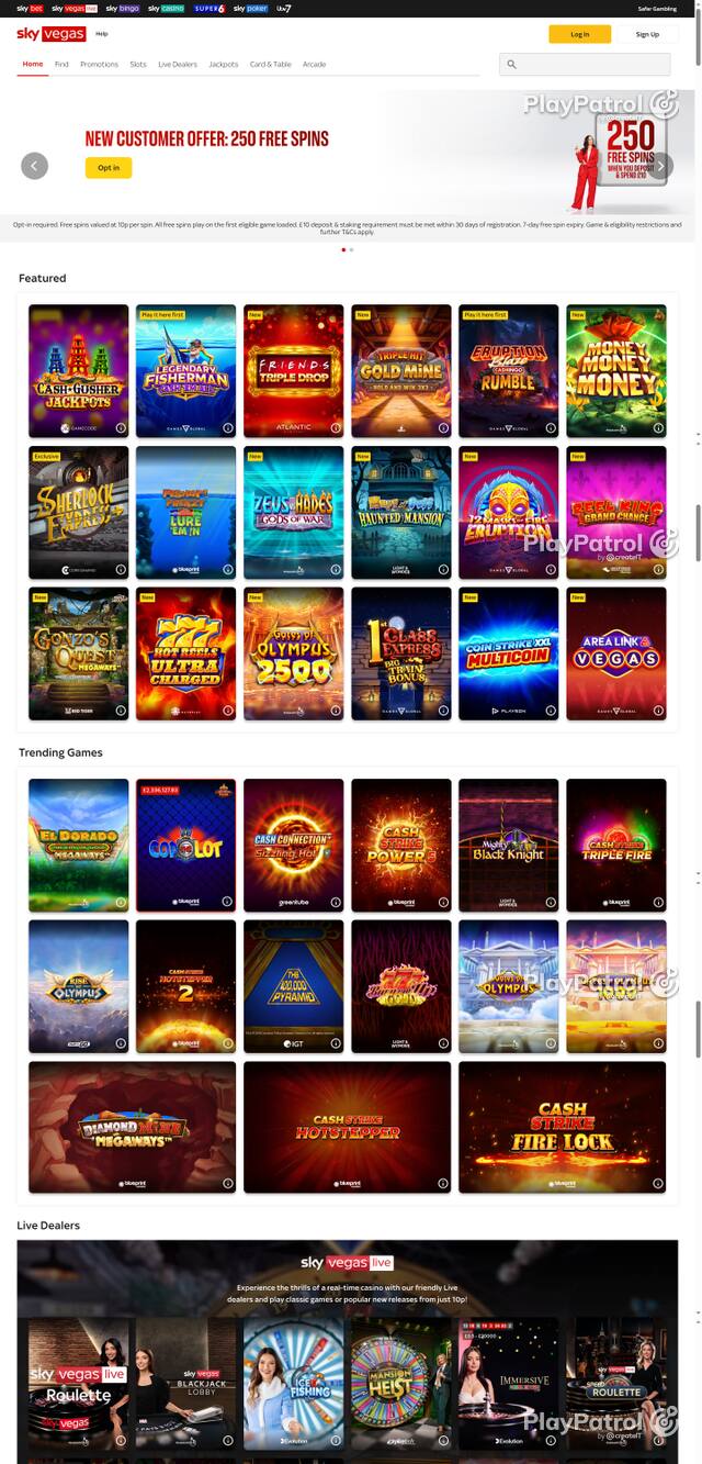 Capture of the front page of Sky Vegas (skyvegas.com) on 16 October 2026