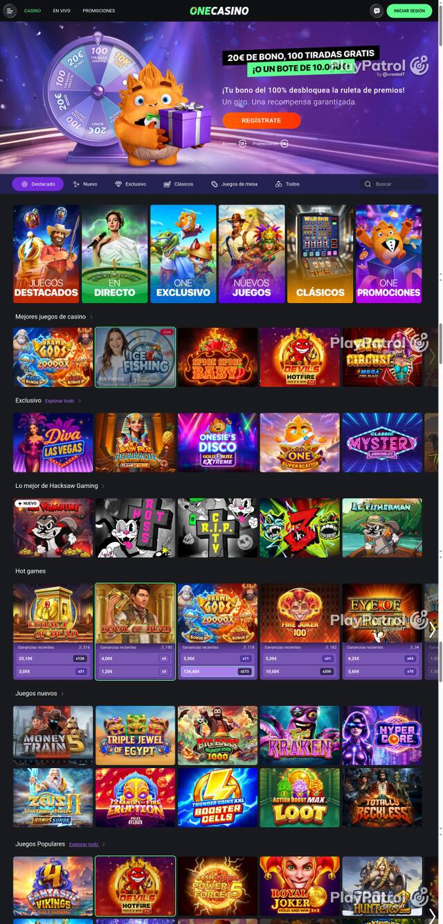 Capture of the front page of One Casino (onecasino.es) on 13 October 2026