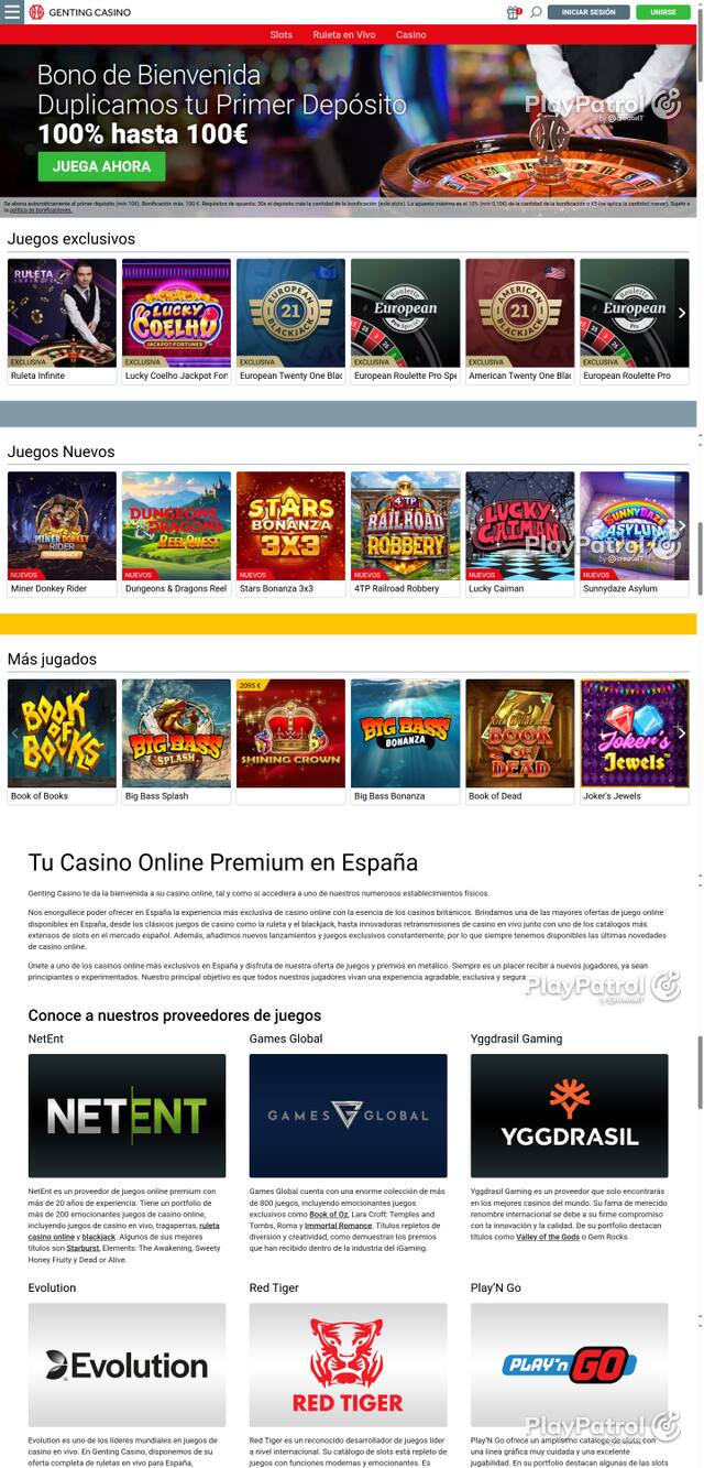 Capture of the front page of Genting Casino (gentingcasino.es) on 26 October 2026