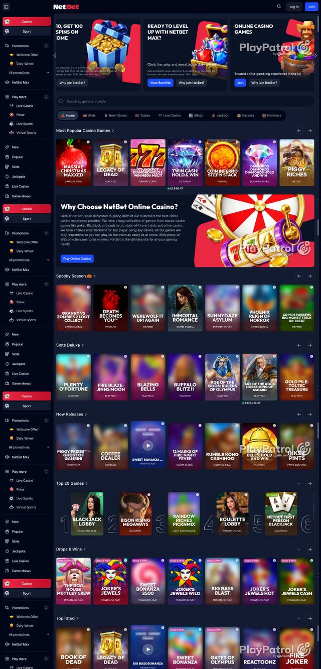 Capture of the front page of NetBet Casino (netbet.co.uk) on 26 October 2026