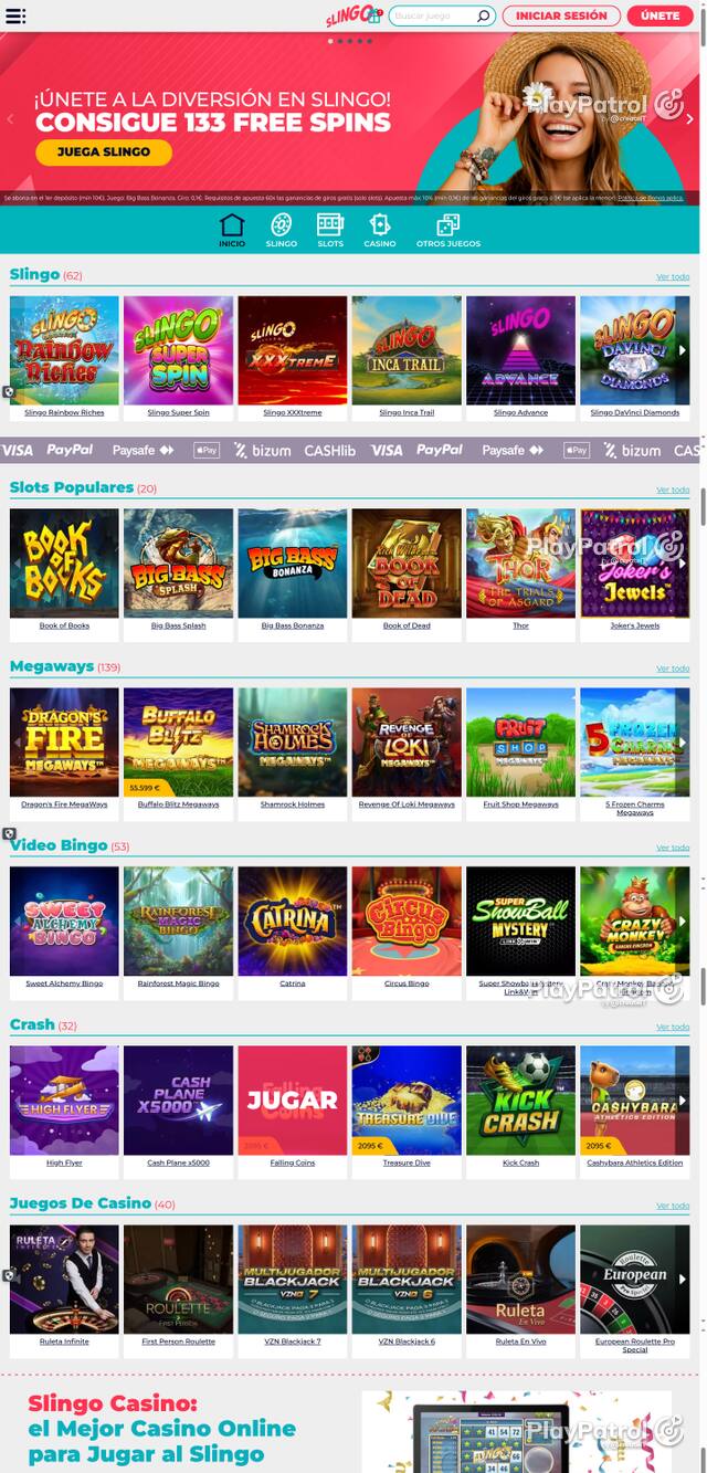 Capture of the front page of Slingo Casino (slingocasino.es) on 16 October 2026