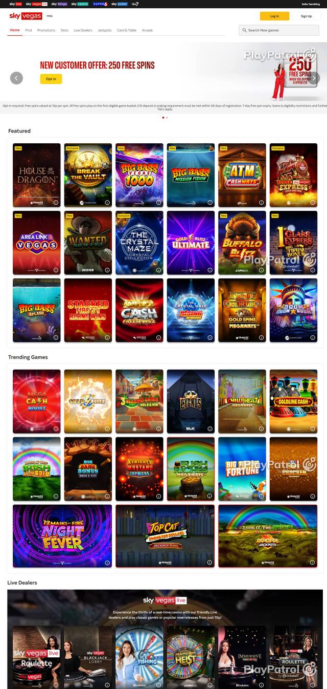 Homepage capture of Sky Vegas recorded during the scan