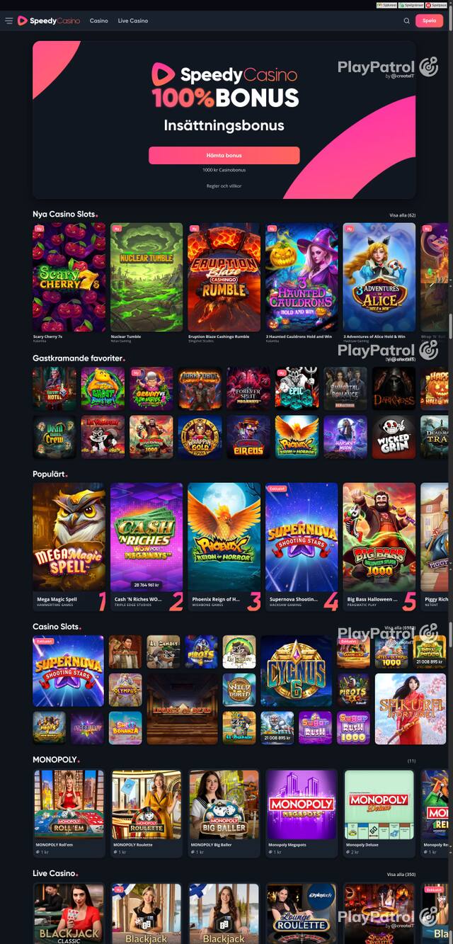 Front page of speedycasino.com as captured on 29 October 2026