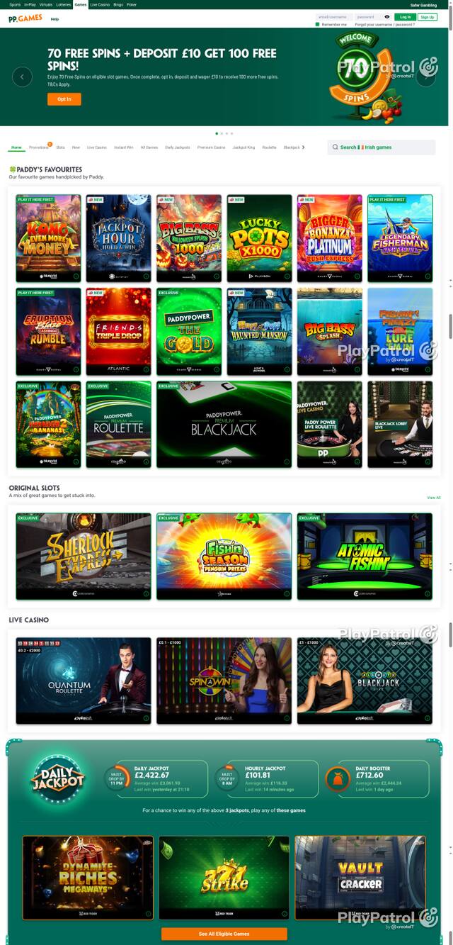 Capture of the front page of Paddy Power Games (games.paddypower.com) on 23 October 2026