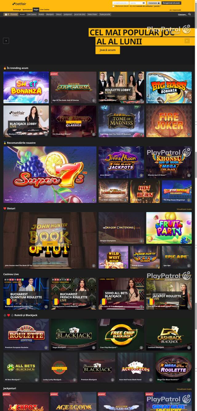 Capture of the front page of Betfair (vegas.betfair.ro) on 16 October 2026