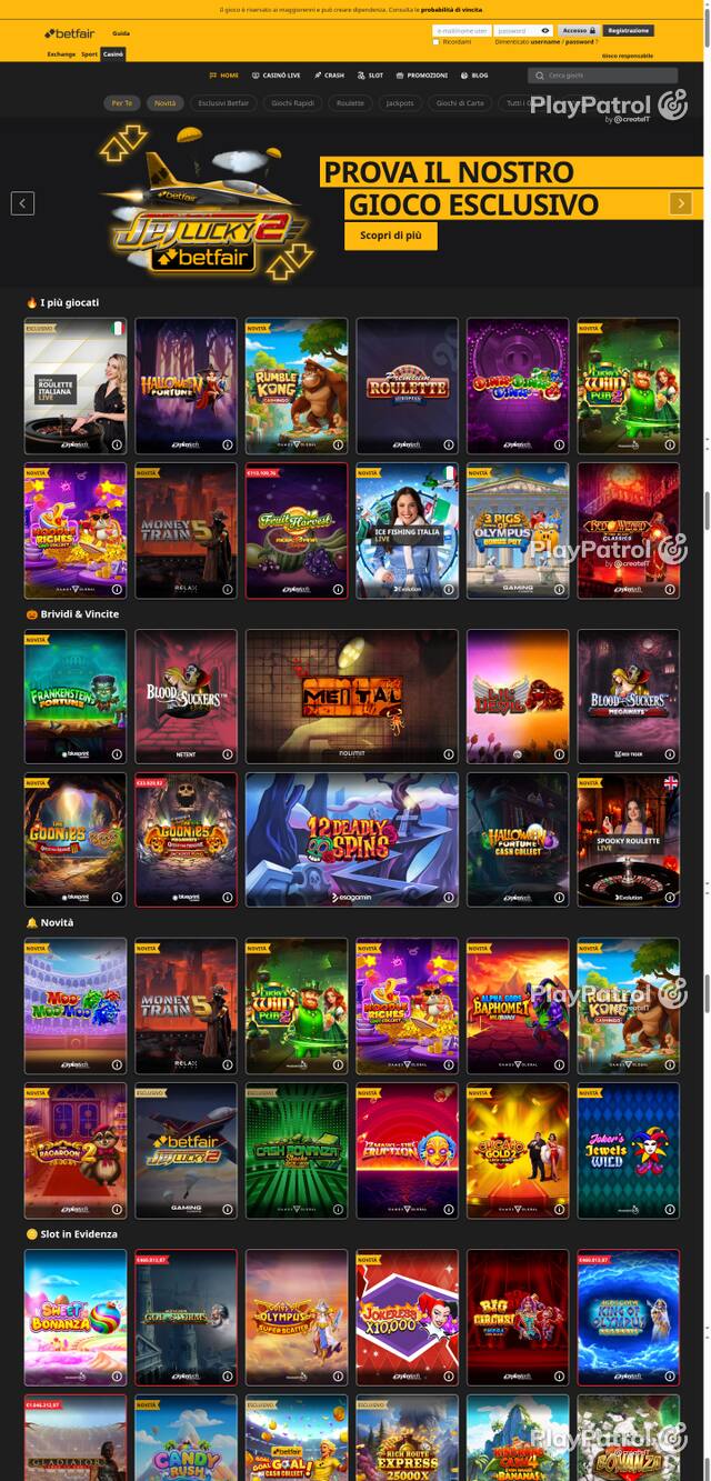 Capture of the front page of Betfair (casino.betfair.it) on 25 October 2026