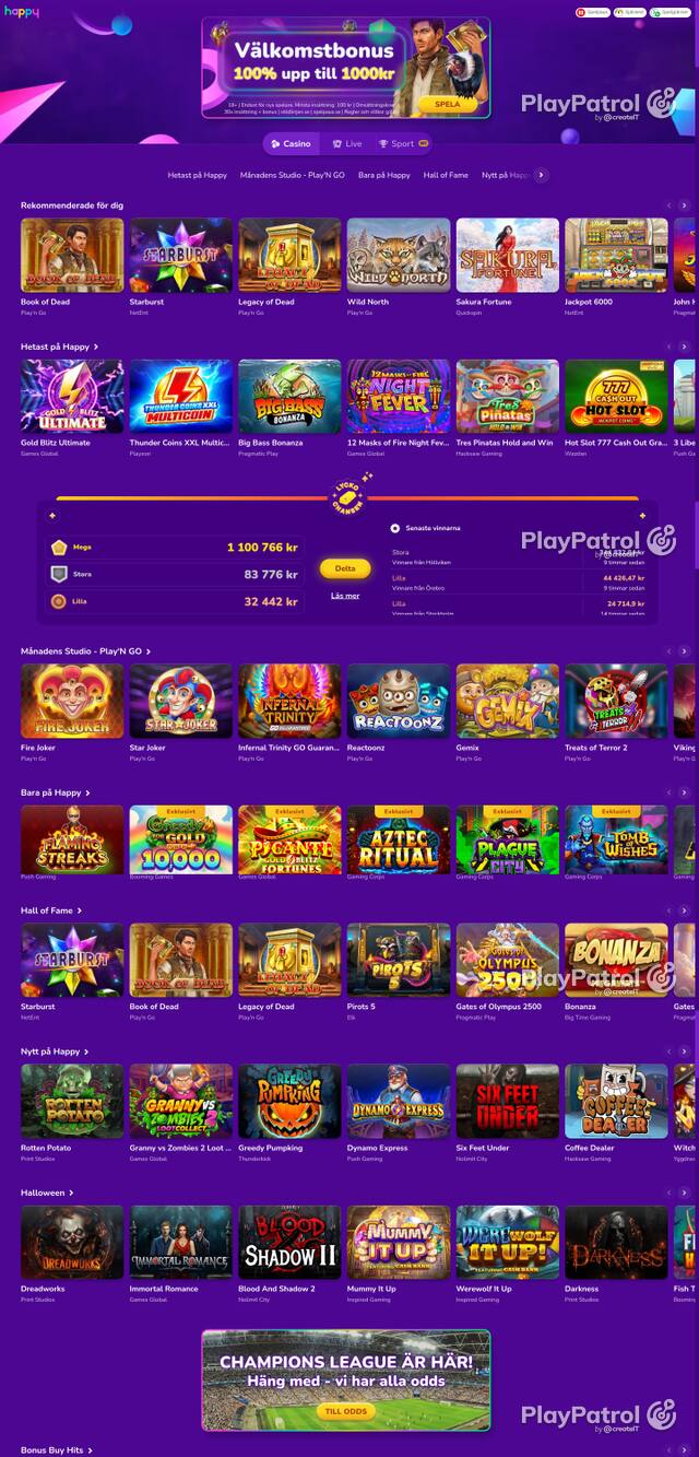 Capture of the front page of happycasino.se (happycasino.se) on 22 October 2026