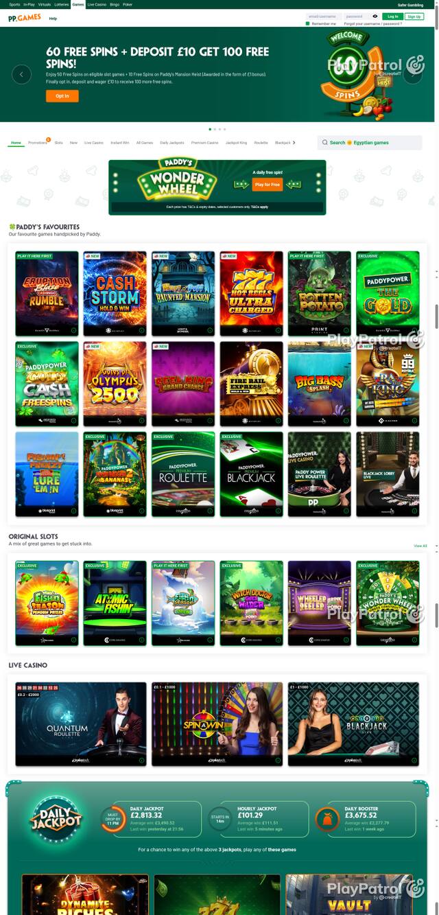 Capture of the front page of Paddy Power Games (games.paddypower.com) on 10 October 2026