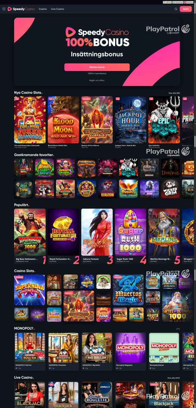 Capture of the front page of speedycasino.com (speedycasino.com) on 23 October 2026
